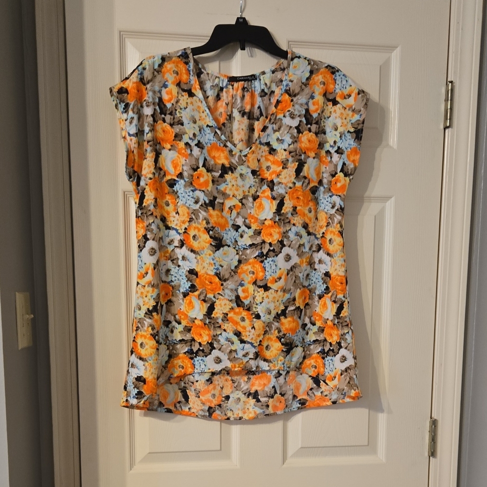 Caramel Floral Blouse - Orange and White